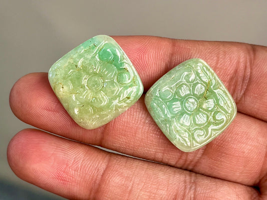 Natural Emerald Hand Carved Cushion Shape loose gemstone pair