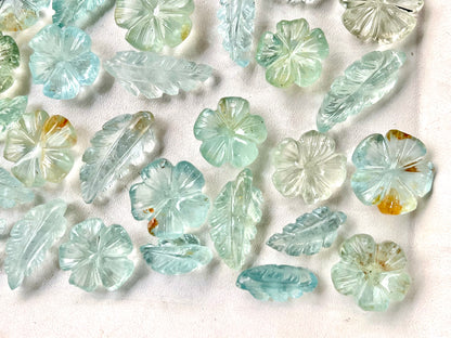 Natural Aquamarine Flower &amp; Leaf Hand carved loose gemstone set