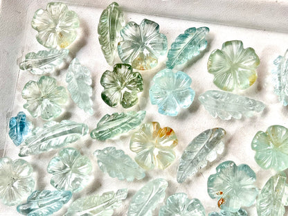 Natural Aquamarine Flower &amp; Leaf Hand carved loose gemstone set