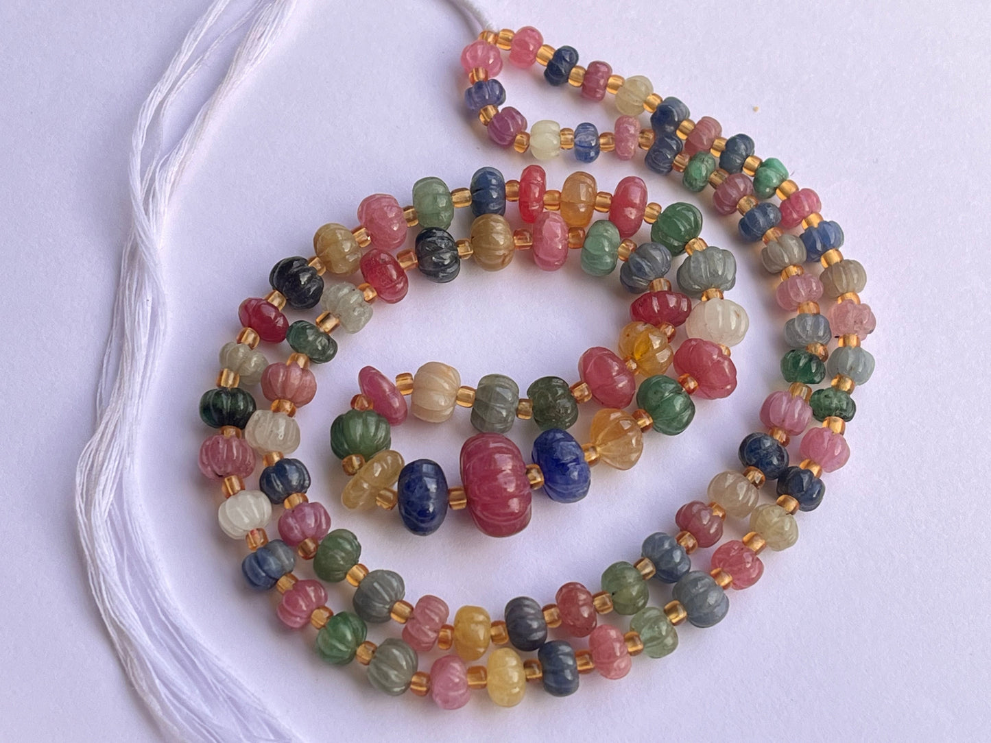 Multi Precious Gemstones Ruby, Sapphire, Emerald Hand carved Melons Shape beads