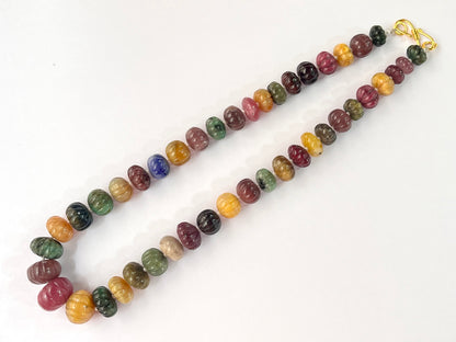 Natural Multi Precious Gemstones Ruby, Sapphire, Emerald Hand carved Melons Shape beads