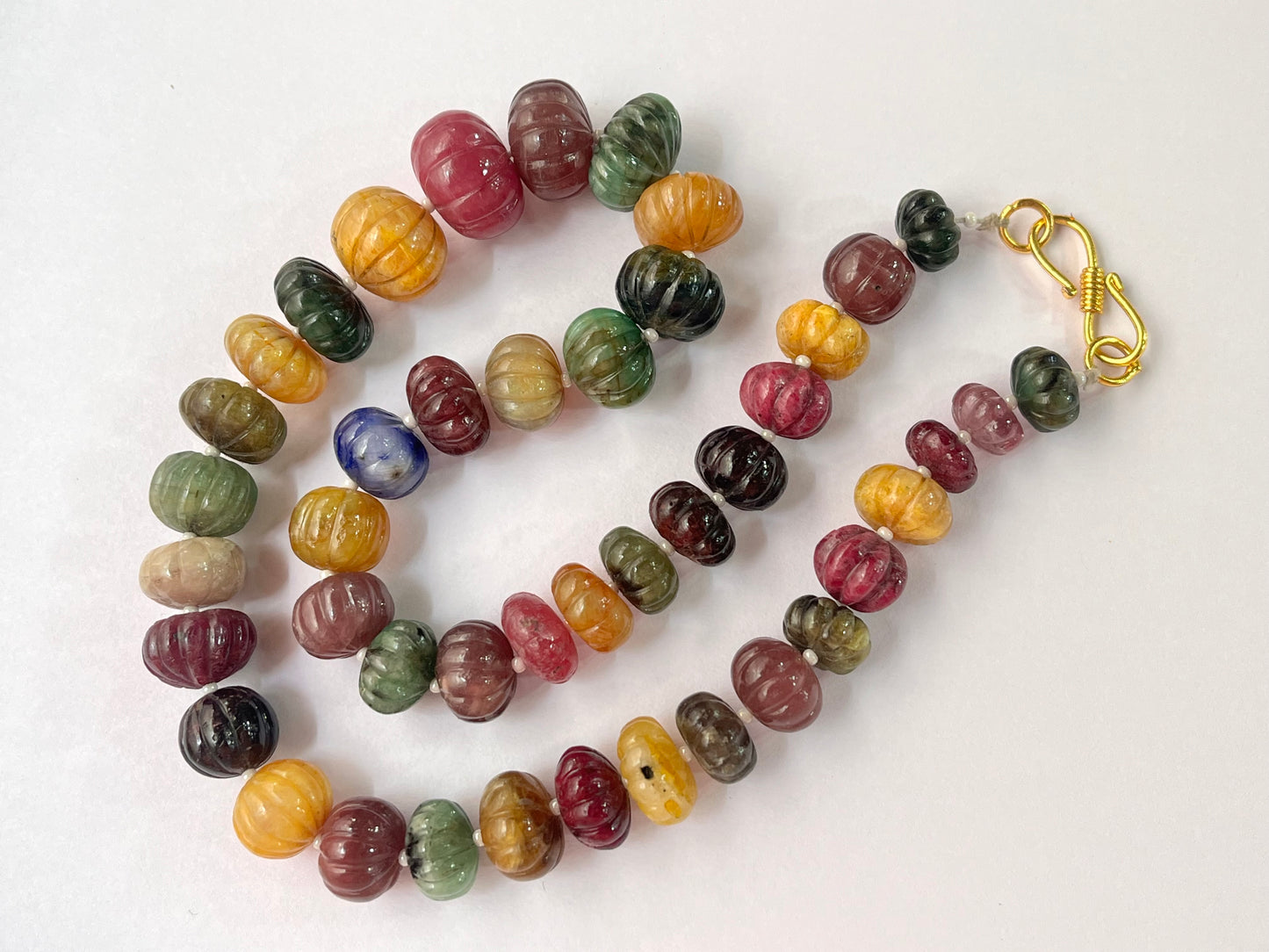 Natural Multi Precious Gemstones Ruby, Sapphire, Emerald Hand carved Melons Shape beads