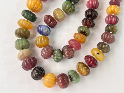 Natural Multi Precious Gemstones Ruby, Sapphire, Emerald Hand carved Melons Shape beads