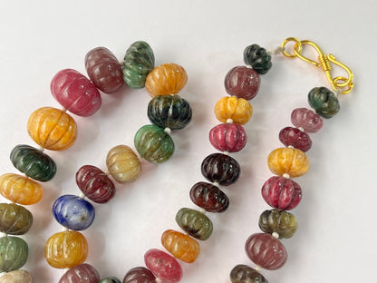 Natural Multi Precious Gemstones Ruby, Sapphire, Emerald Hand carved Melons Shape beads