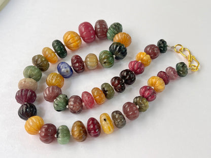 Natural Multi Precious Gemstones Ruby, Sapphire, Emerald Hand carved Melons Shape beads