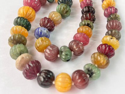 Natural Multi Precious Gemstones Ruby, Sapphire, Emerald Hand carved Melons Shape beads