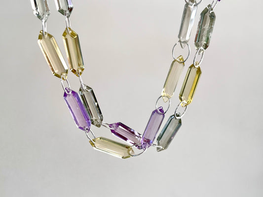 Mix gemstones - Lemon Quartz, Pink Amethyst, Green Amethyst Long hexagon shape Double drill beads