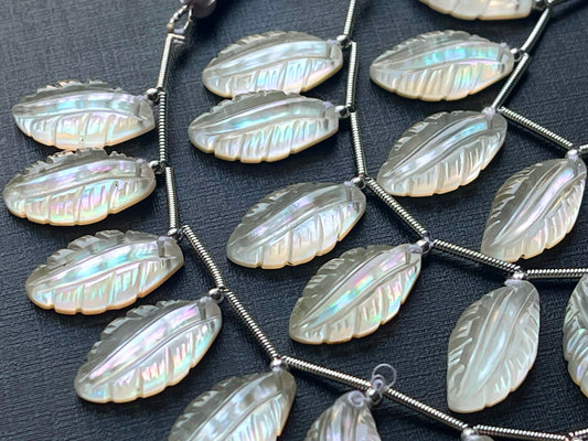 Natural Mother of Pearl and Crystal Doublet leaf carving beads, iridescence effect