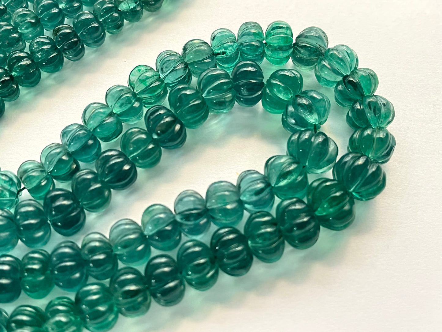 Rare! Intense Greenish Blue Natural Fluorite gemstone Hand carved Melons shape beads