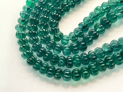 Rare! Intense Greenish Blue Natural Fluorite gemstone Hand carved Melons shape beads