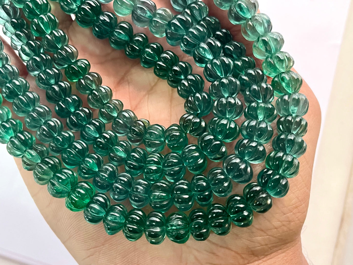 Rare! Intense Greenish Blue Natural Fluorite gemstone Hand carved Melons shape beads