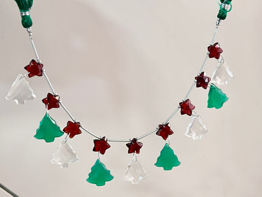 Natural Crystal and Green Onyx Christmas tree shape briolette with Red garnet faceted Star shape double drill beads for jewelry making