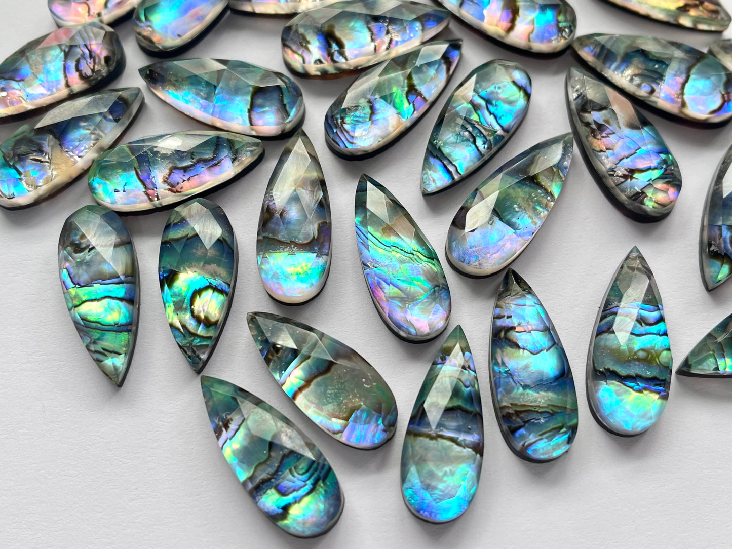 Abalone Shell and Crystal Pear shape faceted flat-back pair