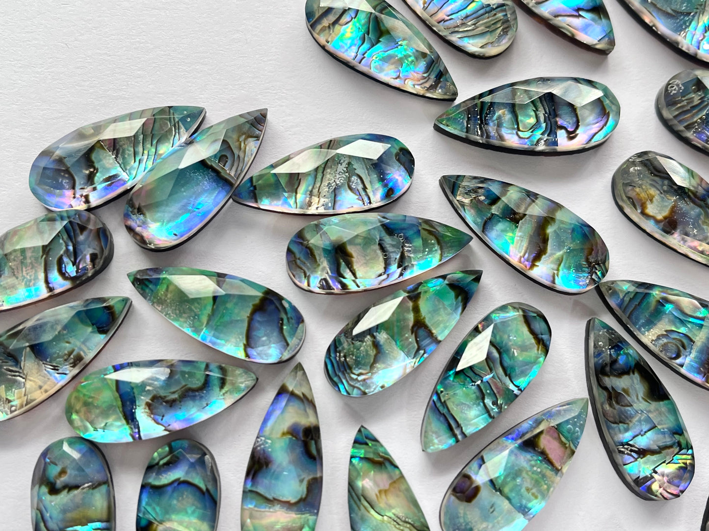 Abalone Shell and Crystal Pear shape faceted flat-back pair