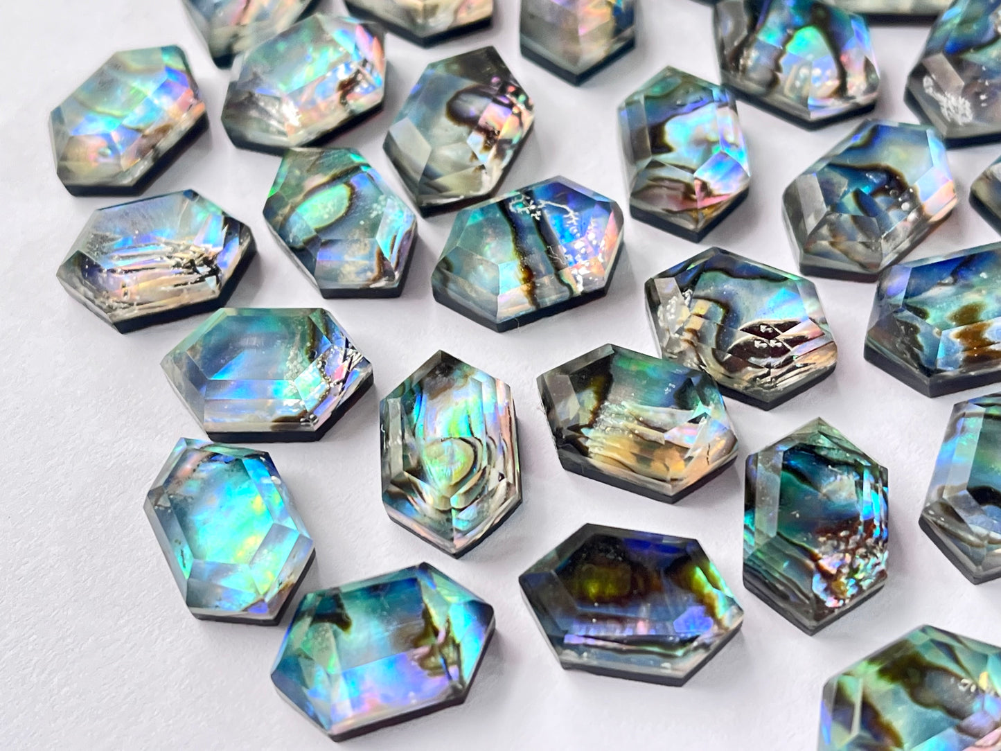 Abalone Shell and Crystal Hexagon shape faceted flat-back pair