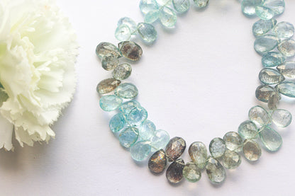 Moss Aquamarine Pear Briolette Faceted | 7x10-8x12mm Graduated | 58 Pieces Full Strand | 9 inch |  AAA+ Quality Natural Aquamarine beads Beadsforyourjewelry