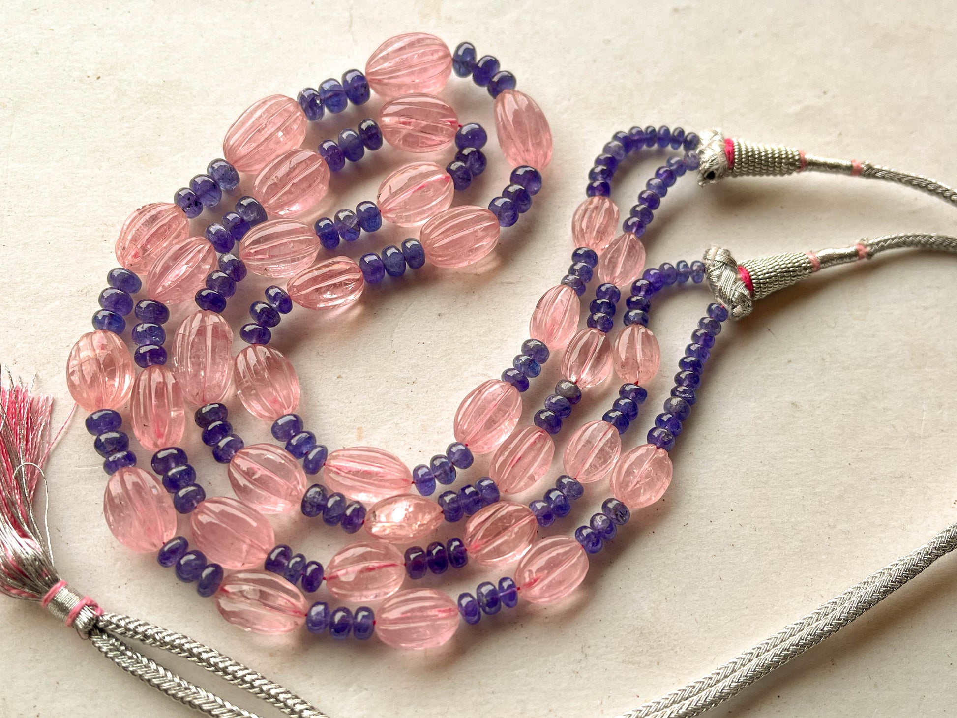 Natural Morganite and Tanzanite Necklace with length adjustable tassel cord Beadsforyourjewelry