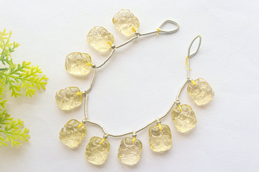 Lemon Quartz Cushion Shape Carving Briolette Beads