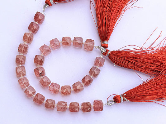 Pink Strawberry Quartz Cube Shape Faceted Beads