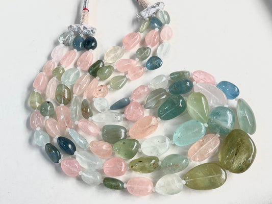 Natural Multi Aquamarine Smooth Tumble Shape Beads 3 Layers Necklace