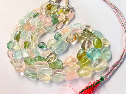 3 Layers Natural Multi Aquamarine Smooth Tumble Shape Beads Necklace