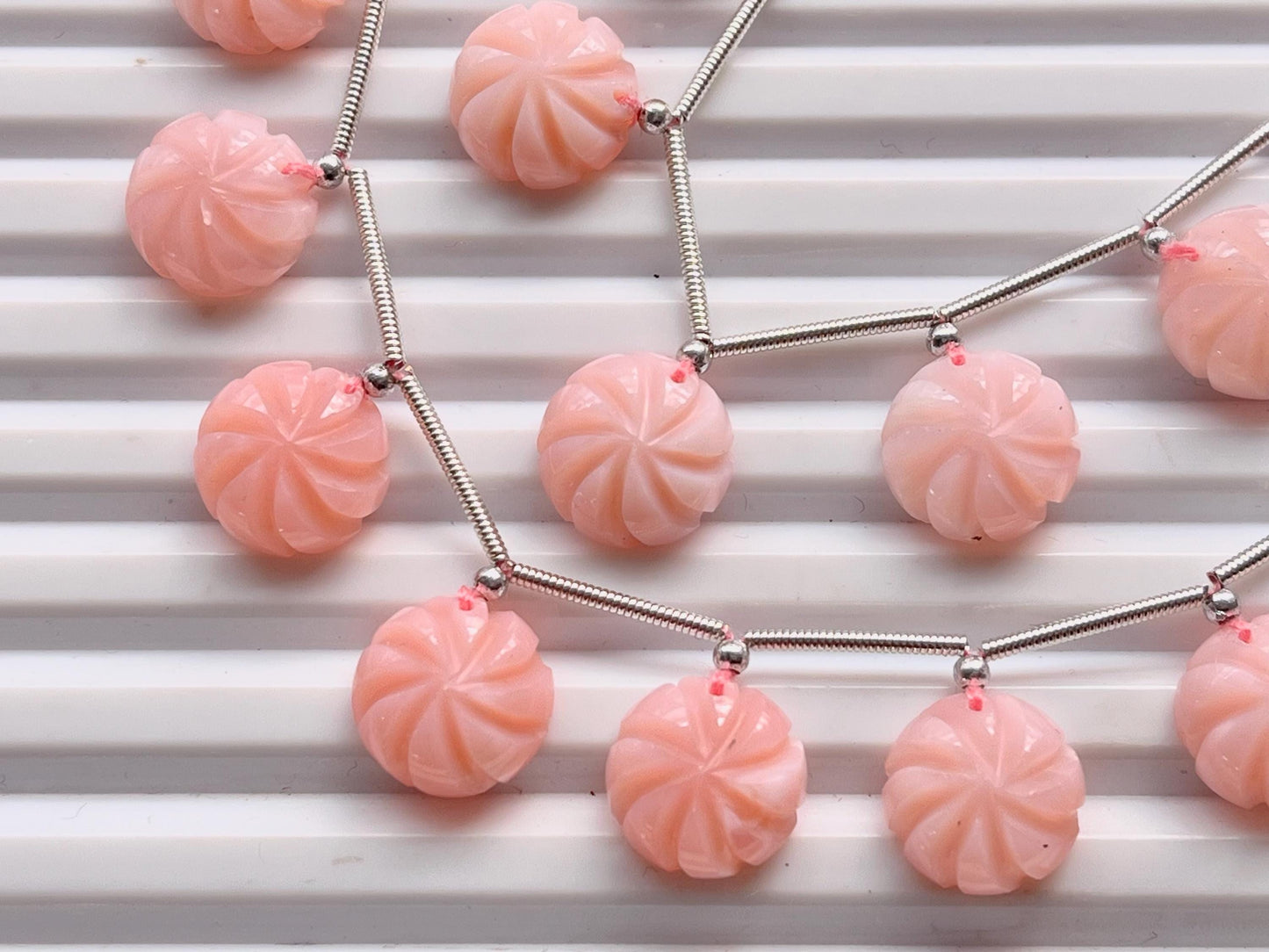 Peruvian Pink opal carved round flat back shape briolette beads