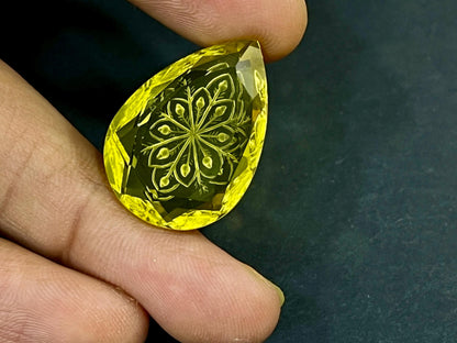 Natural Lemon Quartz Handcarved Fantasy cut reverse carving