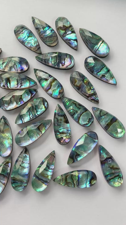 Abalone Shell and Crystal Pear shape faceted flat-back pair