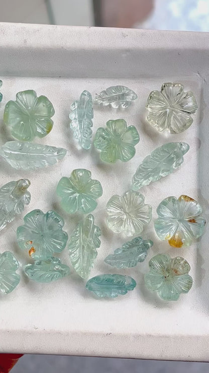 Natural Aquamarine Flower &amp; Leaf Hand carved loose gemstone set