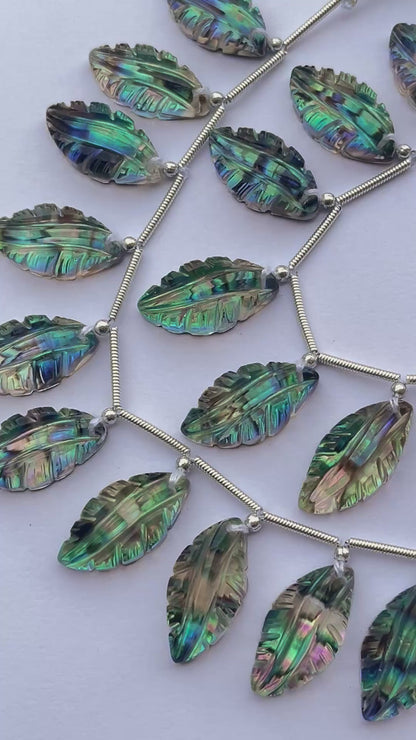 Beautiful! Natural Abalone Shell and Crystal Doublet leaf carving beads